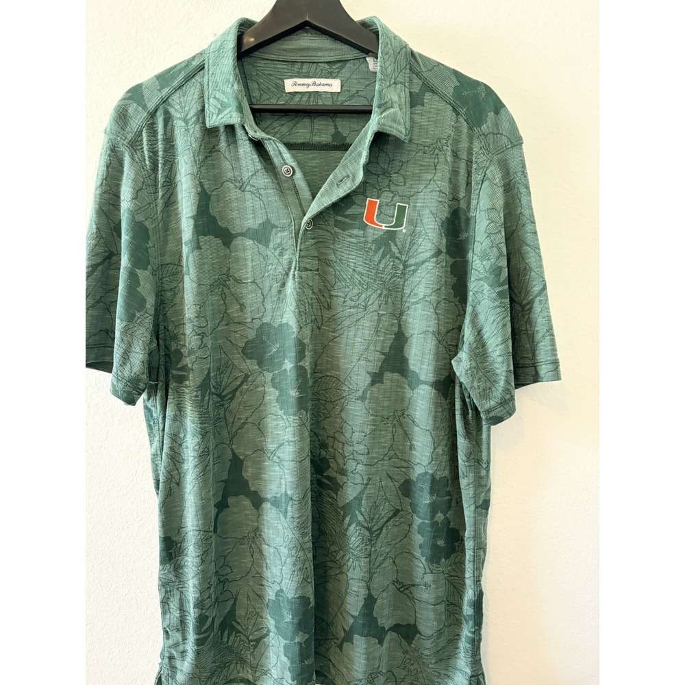 Tommy Bahama Miami Hurricanes Polo Shirt Mens Large Green Floral Tropical U